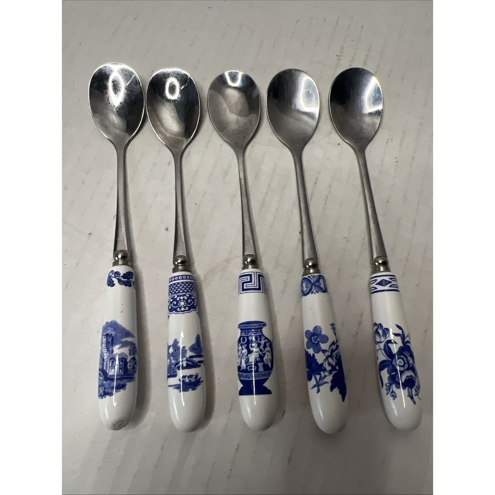 Spode Blue Italian Stainless Steel Teaspoons with Porcelain Handles, Set of 5